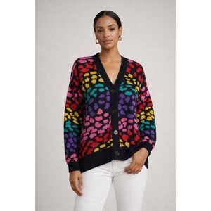 FARM Rio Rainbow Colorblock Wool Blend Leopard Cardigan Sweater Sz S Oversized